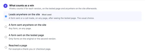 Step 4 heading ('Hiveku counts it for each version, on the tested page and anywhere on the site afterwards.') and the first goals: Leads anywhere on the site (most used), a form sent anywhere on the site, a form sent on the tested page, reached a page.