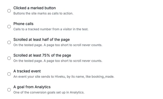 More goals: clicked a marked button, phone calls to a tracked number, scrolled at least half or 75% of the page, a tracked event by its name, and a conversion goal from Analytics.