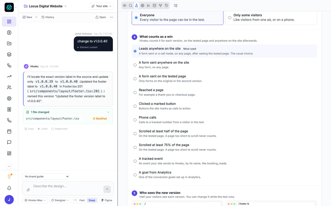 Step 4 of a new A/B test, What counts as a win: Leads anywhere on the site (most used, selected), a form sent anywhere on the site, a form sent on the tested page, reached a page, clicked a marked button, phone calls, scrolled at least half or 75% of the page, a tracked event, or a goal from Analytics.