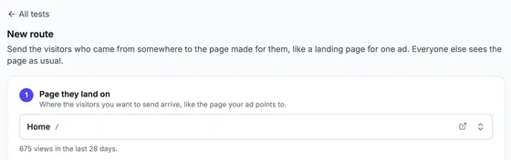 New route: 'Send the visitors who came from somewhere to the page made for them, like a landing page for one ad. Everyone else sees the page as usual.' Step 1, Page they land on: Home, 675 views in the last 28 days.