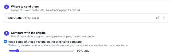 Step 3, Where to send them: Free Quote (/free-quote). Step 4, Compare with the original: 'Keep some of these visitors on the original to compare' ticked, 10% stay.