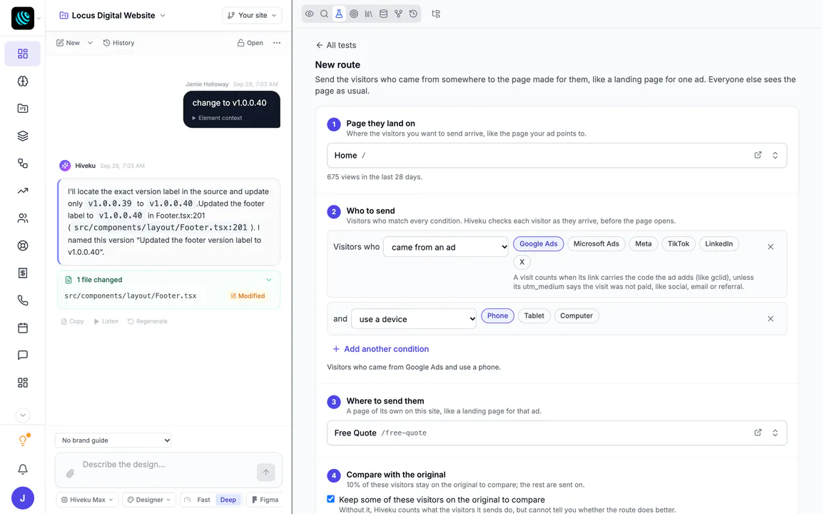 New route form for Locus Digital's website: 1 Page they land on (Home), 2 Who to send (visitors who came from an ad, Google Ads, and use a device, Phone: 'Visitors who came from Google Ads and use a phone.'), 3 Where to send them (Free Quote, /free-quote) and 4 Compare with the original (keep some of these visitors on the original).