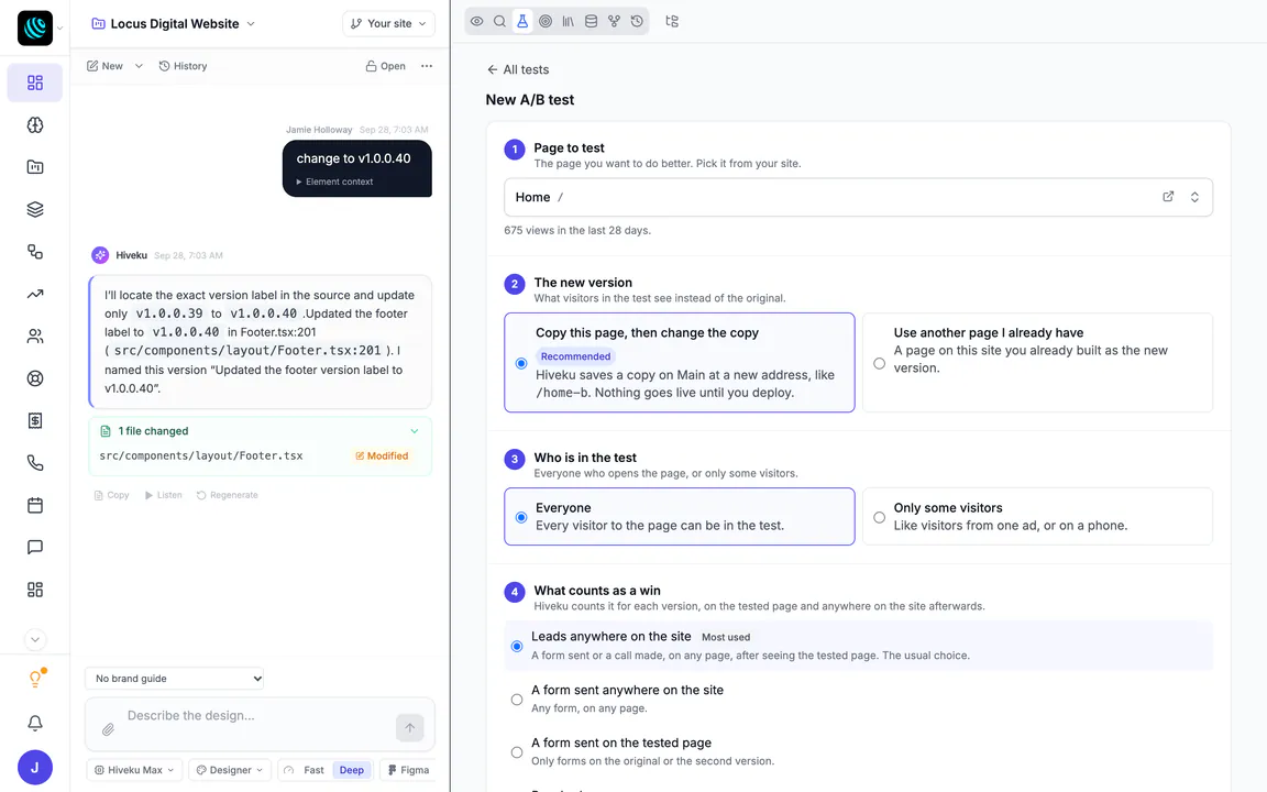 New A/B test form in the editor for Locus Digital's Home page: 1 Page to test (Home, 675 views in the last 28 days), 2 The new version (Copy this page, then change the copy, recommended; or use another page I already have), 3 Who is in the test (Everyone, or only some visitors) and 4 What counts as a win (Leads anywhere on the site, most used).