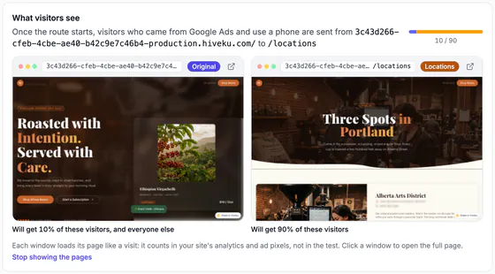 What visitors see: "Once the route starts, visitors who came from Google Ads and use a phone are sent from ...-production.hiveku.com/ to /locations", a 10 / 90 bar, and the home page (Original) and the Locations page side by side, with "Will get 10% of these visitors, and everyone else" and "Will get 90% of these visitors".