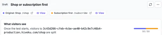 Draft, "Shop or subscription first", the page chips "Original: Shop /shop" and "Subscription first /subscribe" with open and View links, and What visitors see: "Once the test starts, visitors to 3c43d266-...-production.hiveku.com/shop are split", 50 / 50.