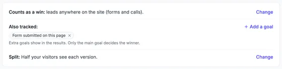 Counts as a win: leads anywhere on the site (forms and calls), with Change. Also tracked: Form submitted on this page, with Add a goal and "Extra goals show in the results. Only the main goal decides the winner." Split: Half your visitors see each version, with Change.