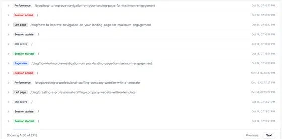 Event rows tagged session started, page view, performance, left page and session ended, each with the page path and time.