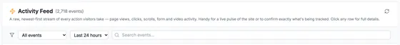 The Activity Feed header with its event count, a description, and filters for event type, time window and a search box.