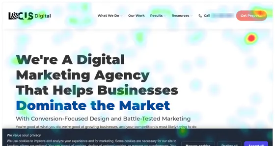 Click heat over the Locus Digital home page: the hottest spots sit on the Get Proposal button and in the hero.