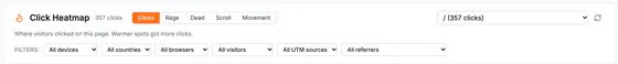 The Click Heatmap header: 357 clicks, buttons for clicks, rage, dead, scroll and movement, the page picker and filters for device, country, browser, visitors, UTM source and referrer.