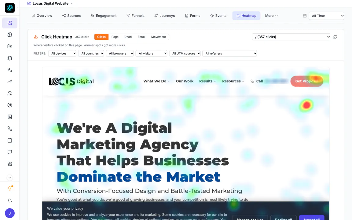 A click heatmap over the Locus Digital home page, from 357 clicks: warm spots on the Get Proposal button and the navigation, with modes for clicks, rage clicks, dead clicks, scroll and movement and filters for device, country, browser, visitor, UTM source and referrer.