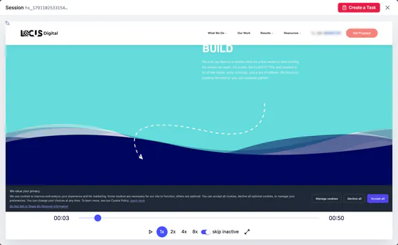 The replay of a visit to the Locus Digital home page inside Hiveku, with the visitor's cursor and the site as they saw it.