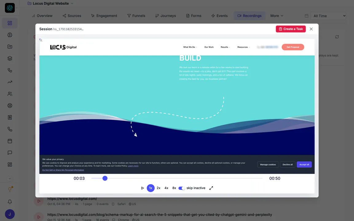 A session replay open over the recordings list: a visit to the Locus Digital home page played back in Hiveku, with the timeline, speed buttons up to 8x, skip inactive and full screen.