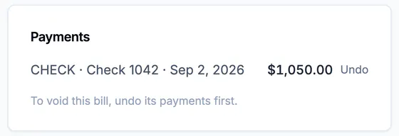 Payments: check 1042 on Sep 2, 2026, $1,050.00, with Undo.
