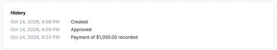 History: created, approved, and payment of $1,050.00 recorded.