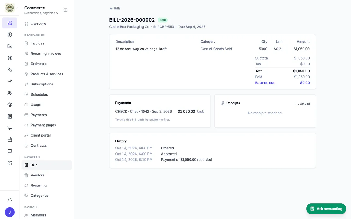 Hiveku bill BILL-2026-000002 from Cedar Box Packaging Co., paid: the line, the totals, the check payment and the history of created, approved and paid.
