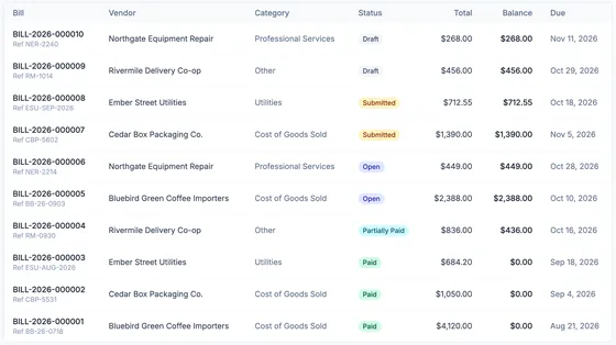 Bills BILL-2026-000001 to 000010 with vendor, category, status (Draft, Submitted, Open, Partially Paid, Paid), total, balance and due date.