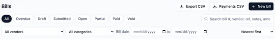 Bills header with Export CSV, Payments CSV and New bill, status tabs (All, Overdue, Draft, Submitted, Open, Partial, Paid, Void), and vendor, category and date filters.