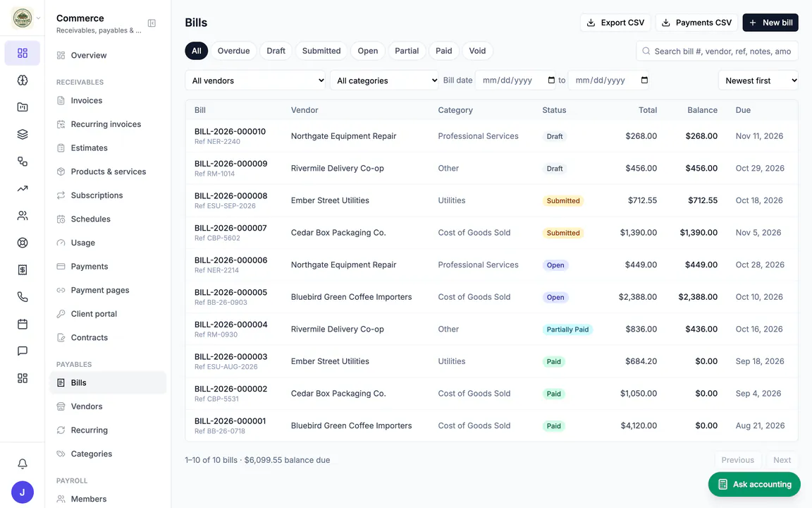 Hiveku bills list: ten Northwind vendor bills with draft, submitted, open, partially paid and paid statuses.