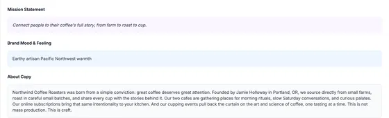 Brand Voice tab: the mission statement, the brand mood (earthy, artisan, Pacific Northwest warmth) and the About copy.