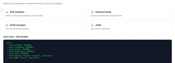 Export tab: CSS variables, Tailwind config, SCSS variables and JSON, with the quick-copy CSS variables for the brand colors and fonts (Playfair Display headings, Inter body).