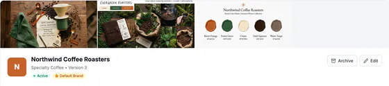 The Northwind mood board images, a color-palette card and the brand header: Northwind Coffee Roasters, Specialty Coffee, Version 3, Active, Default Brand.