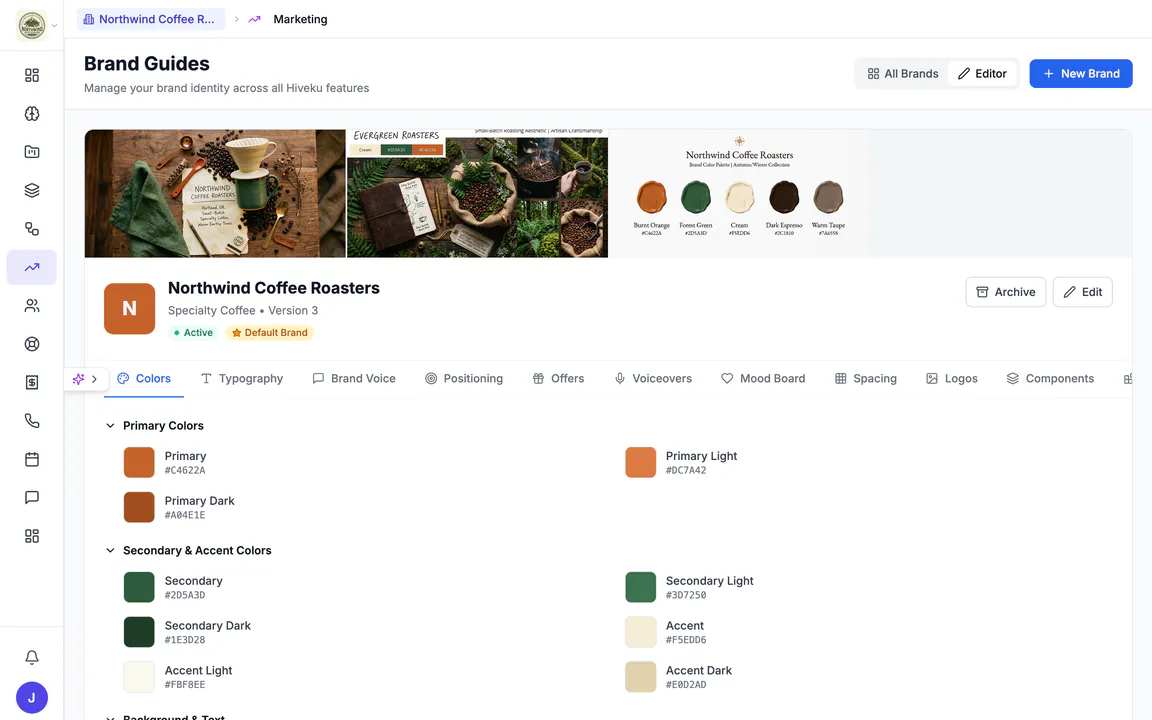 Hiveku brand guide for Northwind Coffee Roasters: a mood board, the brand header (Specialty Coffee, version 3, default brand) and the color palette with hex codes.