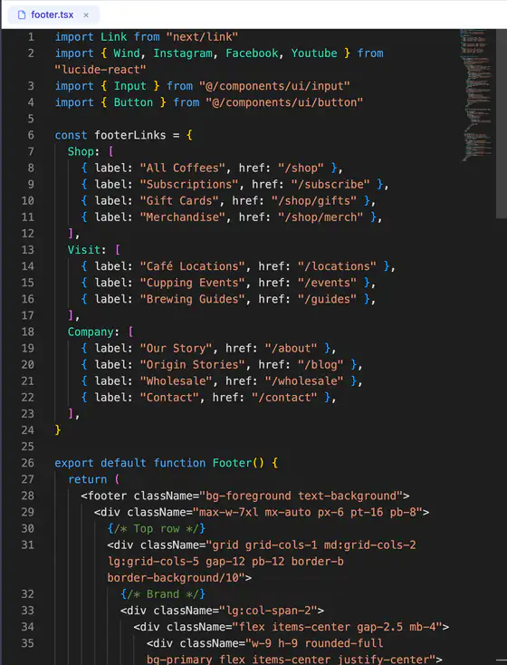 components/footer.tsx open in the code editor, showing the footer links for Shop, Visit and Company and the Footer component.