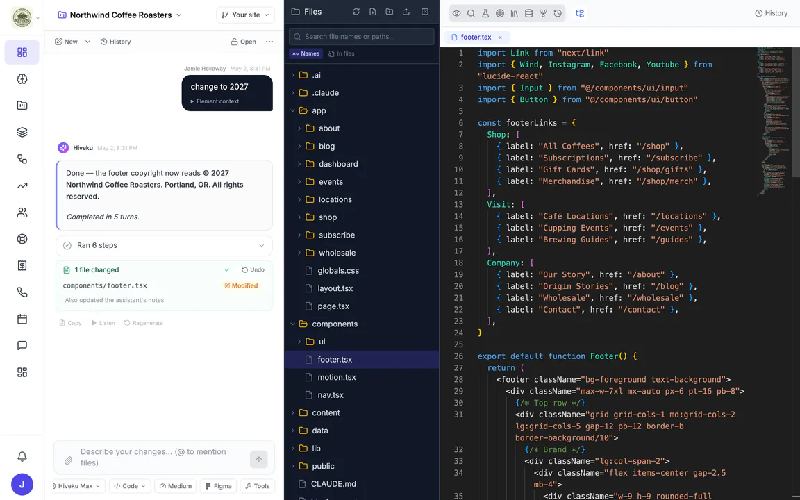Hiveku builder code view: the chat on the left, the project's file tree in the middle with components/footer.tsx selected, and footer.tsx open in the code editor.