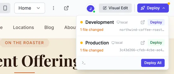 The open Deploy menu: Development and Production each marked '1 file changed' with their web addresses and Deploy buttons, and a Deploy All button.