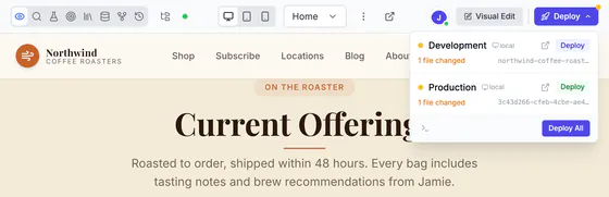 The builder top bar with the Deploy menu open above the Northwind site's Current Offerings section.