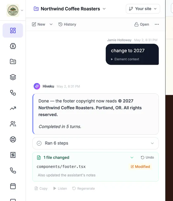 The builder chat: the request 'change to 2027', the AI's reply that the footer copyright now reads 2027, 'Ran 6 steps' and '1 file changed: components/footer.tsx'.
