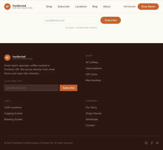 Live preview of the Northwind Coffee Roasters site footer, ending with '© 2027 Northwind Coffee Roasters'.