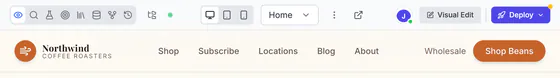 Builder top bar with tool icons (preview, SEO, A/B tests, tasks, CMS, database, branches, history), desktop, tablet and phone sizes, the Home page picker, Visual Edit and Deploy.