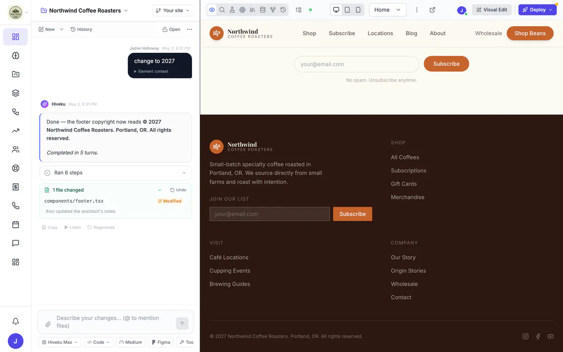 Hiveku AI website builder: a finished request and the AI's reply on the left, listing the file it changed, and the live Northwind Coffee Roasters site on the right, scrolled to the updated footer.