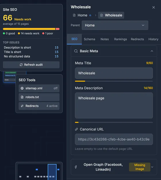 The Wholesale page panel: meta title 'Wholesale' at 9 of 60 characters and meta description 'Wholesale page' at 14 of 160, both flagged short in yellow, with the canonical URL field.