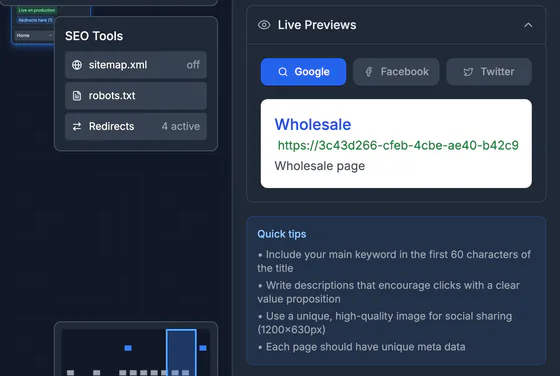 Live previews for the Wholesale page with Google, Facebook and Twitter tabs and the Google result preview, plus quick SEO tips.