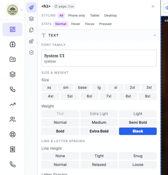 The style panel for the selected h1: styling for all sizes, phone, tablet or desktop; states normal, hover, focus and pressed; font, size, weight and line height.
