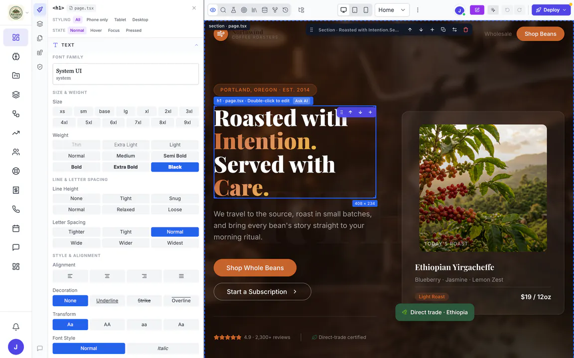 Hiveku visual editor: the hero heading of the Northwind site selected on the page preview, with the style panel open on the left showing text, size and weight controls.