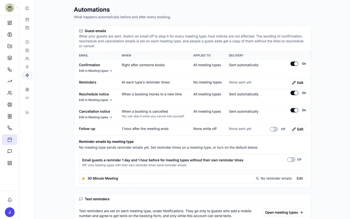 Hiveku calendar automations: guest emails for confirmation, reminders, reschedule and cancellation notices and a follow-up, each with when it is sent and an on or off switch, plus reminder settings per meeting type.