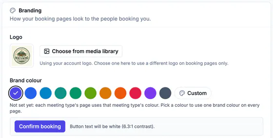 Booking page branding: the Northwind logo, a row of brand colours, and the Confirm booking button with its contrast check.