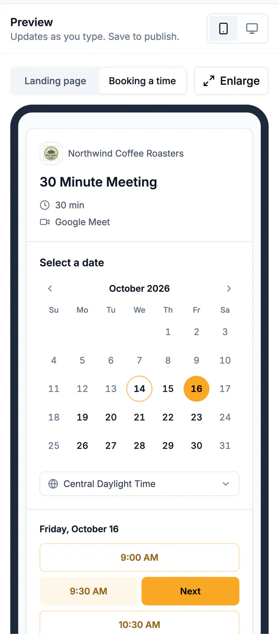 Phone preview of the booking flow: the 30 Minute Meeting with Google Meet, an October 2026 date picker, the guest's time zone, and open times on Friday, October 16.