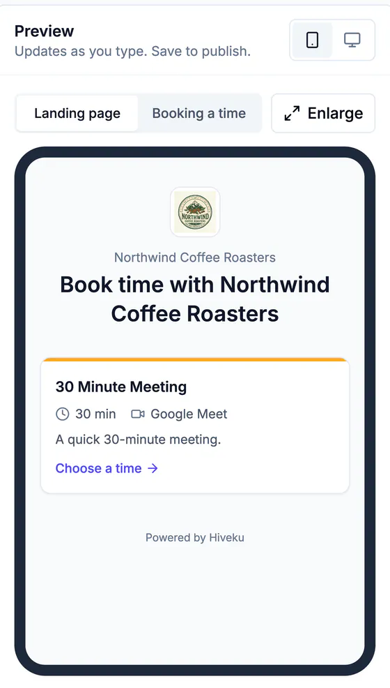 Phone preview of the booking landing page: Book time with Northwind Coffee Roasters, with the 30 Minute Meeting and a Choose a time link.