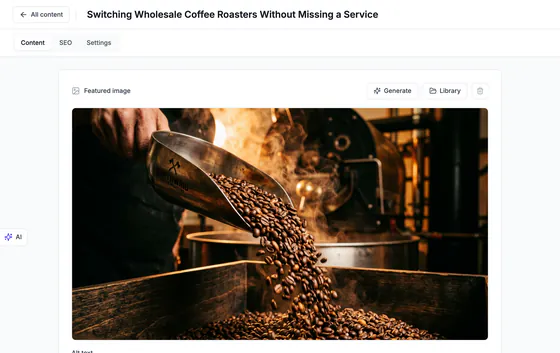 The post title, its Draft and Publish controls, and the featured image of roasted beans pouring from a Northwind scoop.