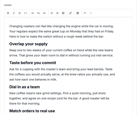 The post body in the editor: an opening paragraph and the sections Overlap your supply, Taste before you commit, Dial in as a team.