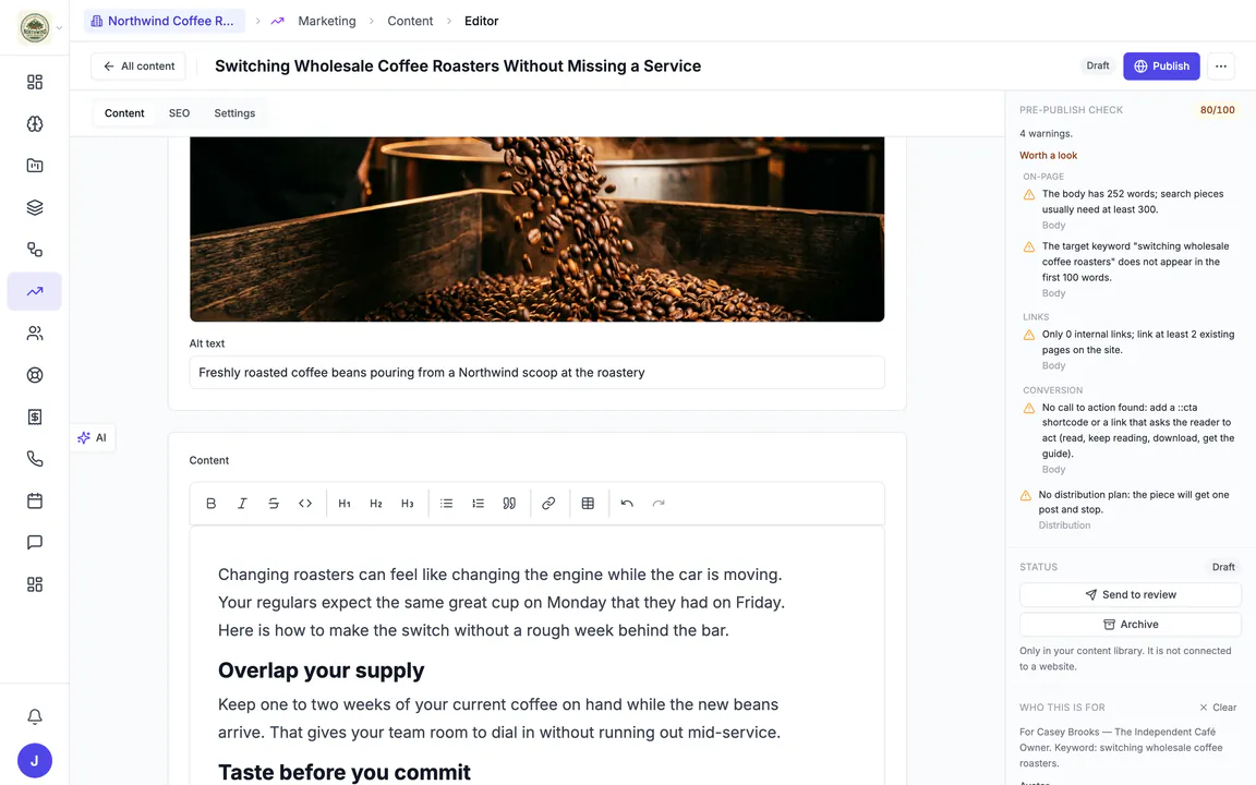 Hiveku content editor: the draft "Switching Wholesale Coffee Roasters Without Missing a Service" with its featured image and body, and a pre-publish check at 80 of 100 with four warnings.