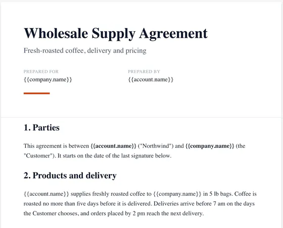 The agreement's cover and first clauses: Wholesale Supply Agreement, prepared for {{company.name}} by {{account.name}}, sections on parties and products and delivery.