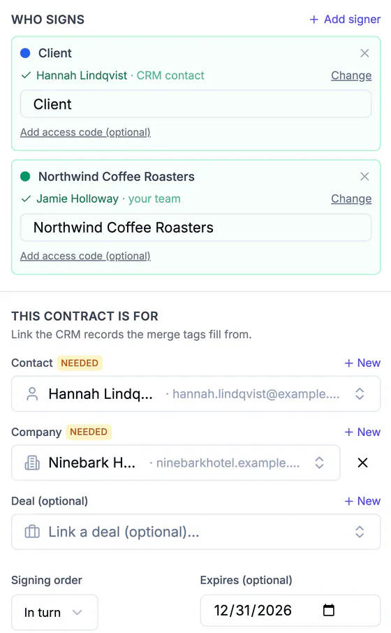 Who signs: the client Hannah Lindqvist (CRM contact) and Jamie Holloway for Northwind Coffee Roasters, the CRM contact and company the merge tags fill from, signing order In turn, and an expiry date.