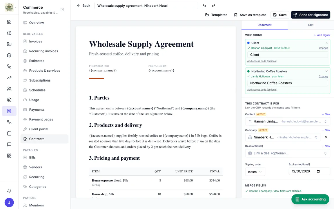 Hiveku contract builder: a Wholesale Supply Agreement for Ninebark Hotel with merge fields and a pricing table, beside the signer panel (Hannah Lindqvist for the client, then Jamie Holloway for Northwind), signing in turn, expiring 12/31/2026.