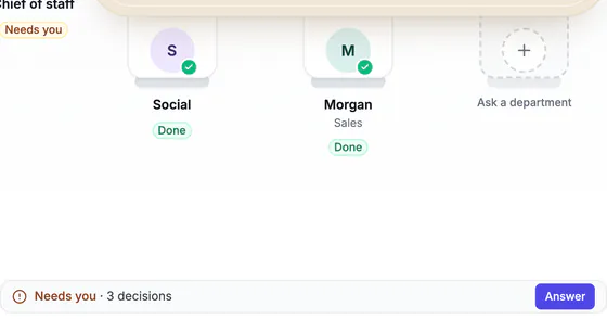 The Social and Morgan chairs, Ask a department, and the bar with 3 decisions and Answer.